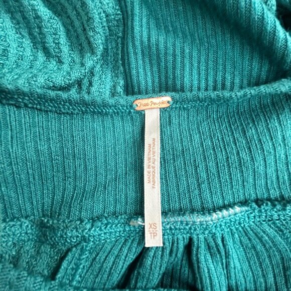 Free People Womens Teal Waffle Knit Leo Henley Top XS Long Sleeve Oversized - Picture 3 of 8